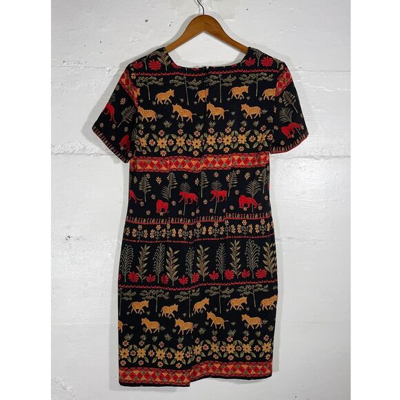 Vintage Sag Harbor Petite 10P Animal Print Black Shift Dress Tigers Lions Floral - Picture 9 of 12
